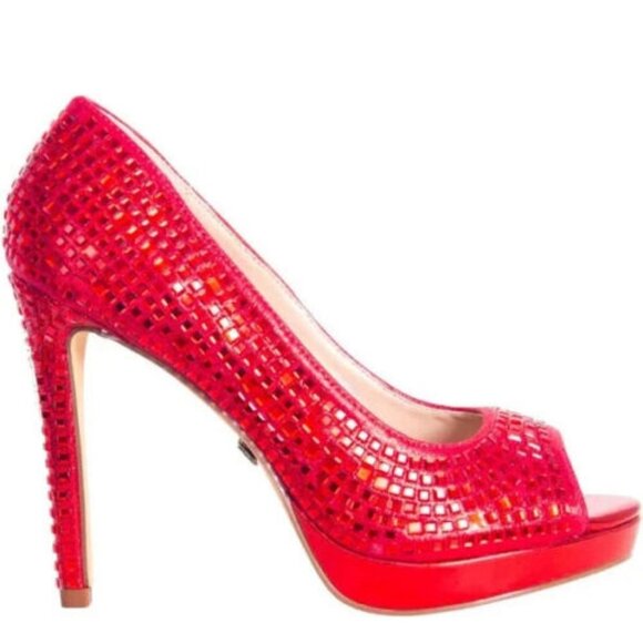 Red Heels Lauren Lorraine Red Crystal Rhinestone Stiletto Formal Dress, Sz 8.5 - Picture 2 of 7